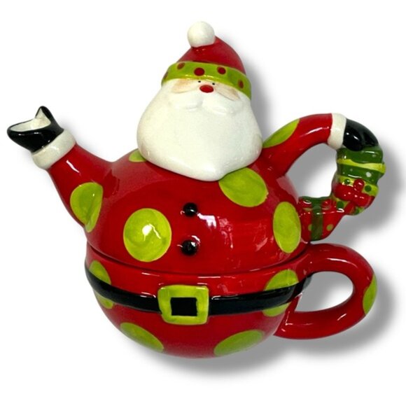 Vintage Santa Teapot Tea For One Holiday Red Green Polka Dot Crackle Barrel - Picture 1 of 16